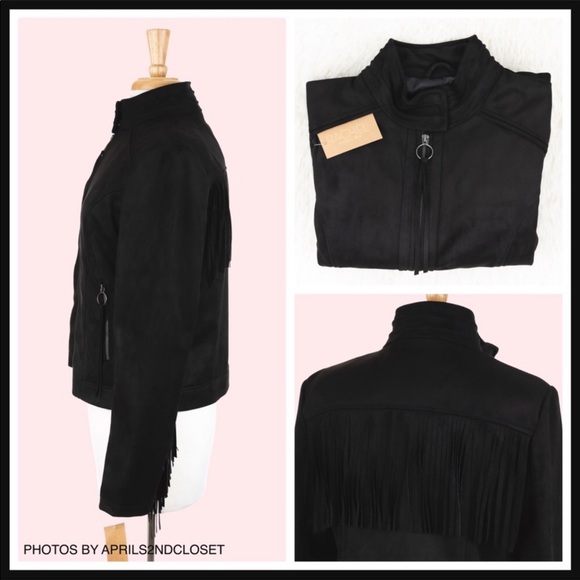 BLACK VEGAN SUEDE BOHO FRINGE MOTO JACKET A3C - Picture 6 of 8